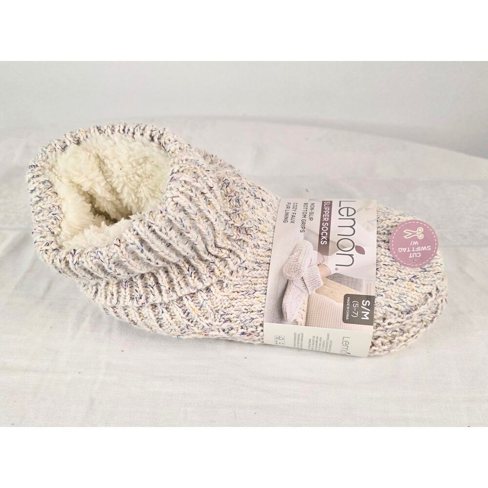 LEMON Non-Slip Bottom Grip Slipper Socks S/M (5-7) Cozy Faux Fur Lining NWT